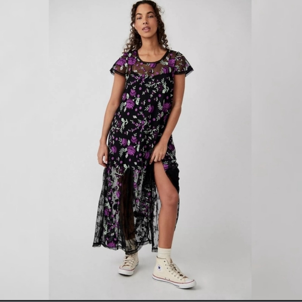 Free People Black and Purple Floral Maxi Dress XS